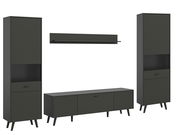 Wohnkombination in dunklem Design mit zwei hohen Schränken, einem niedrigen TV-Schrank und einem Wandregal, frontal betrachtet.