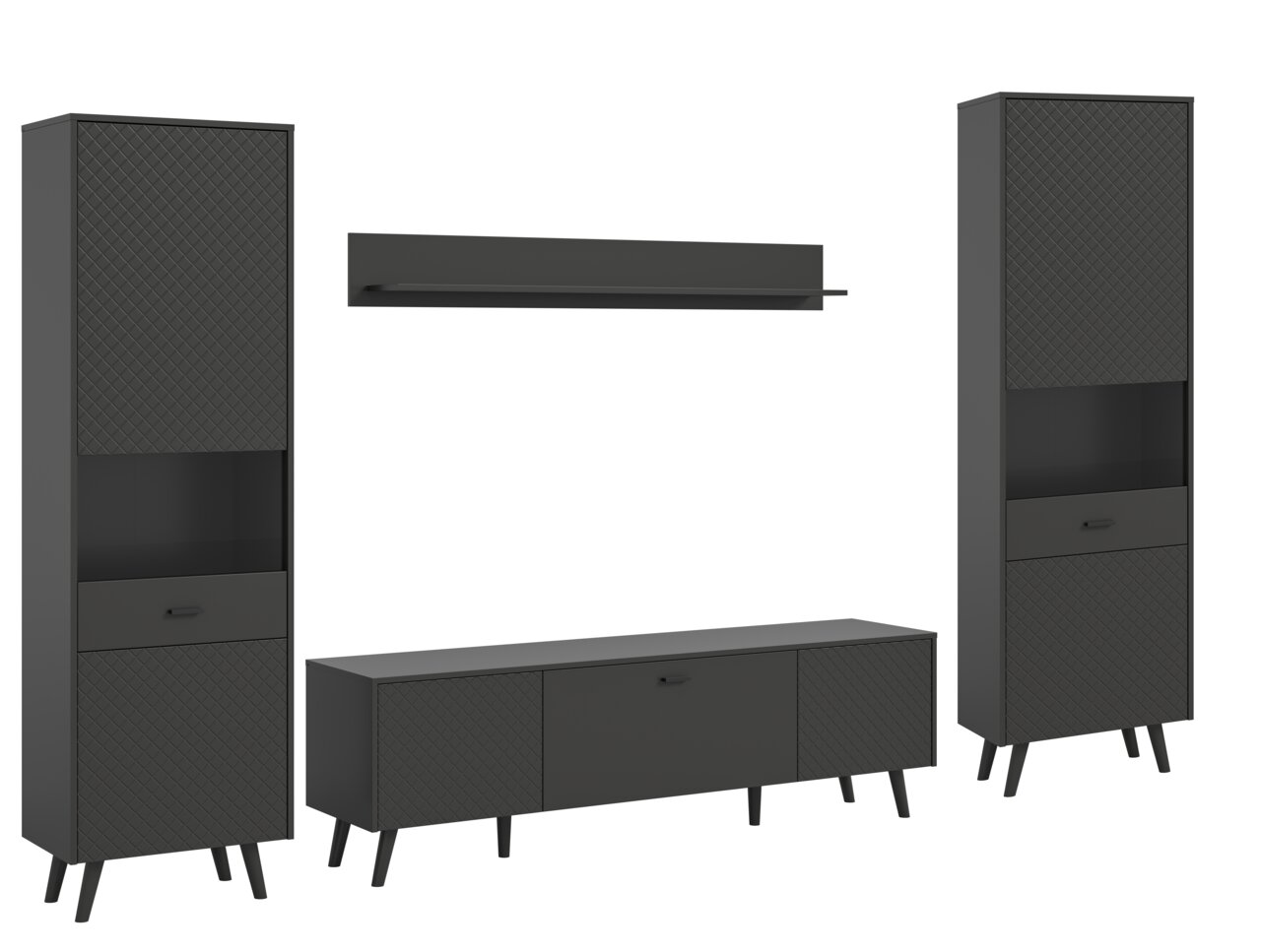 Wohnkombination in dunklem Design mit zwei hohen Schränken, einem niedrigen TV-Schrank und einem Wandregal, frontal betrachtet.