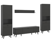 Wohnkombination in dunklem Design mit zwei hohen Schränken, einem niedrigen TV-Schrank und einem Wandregal, frontal betrachtet.