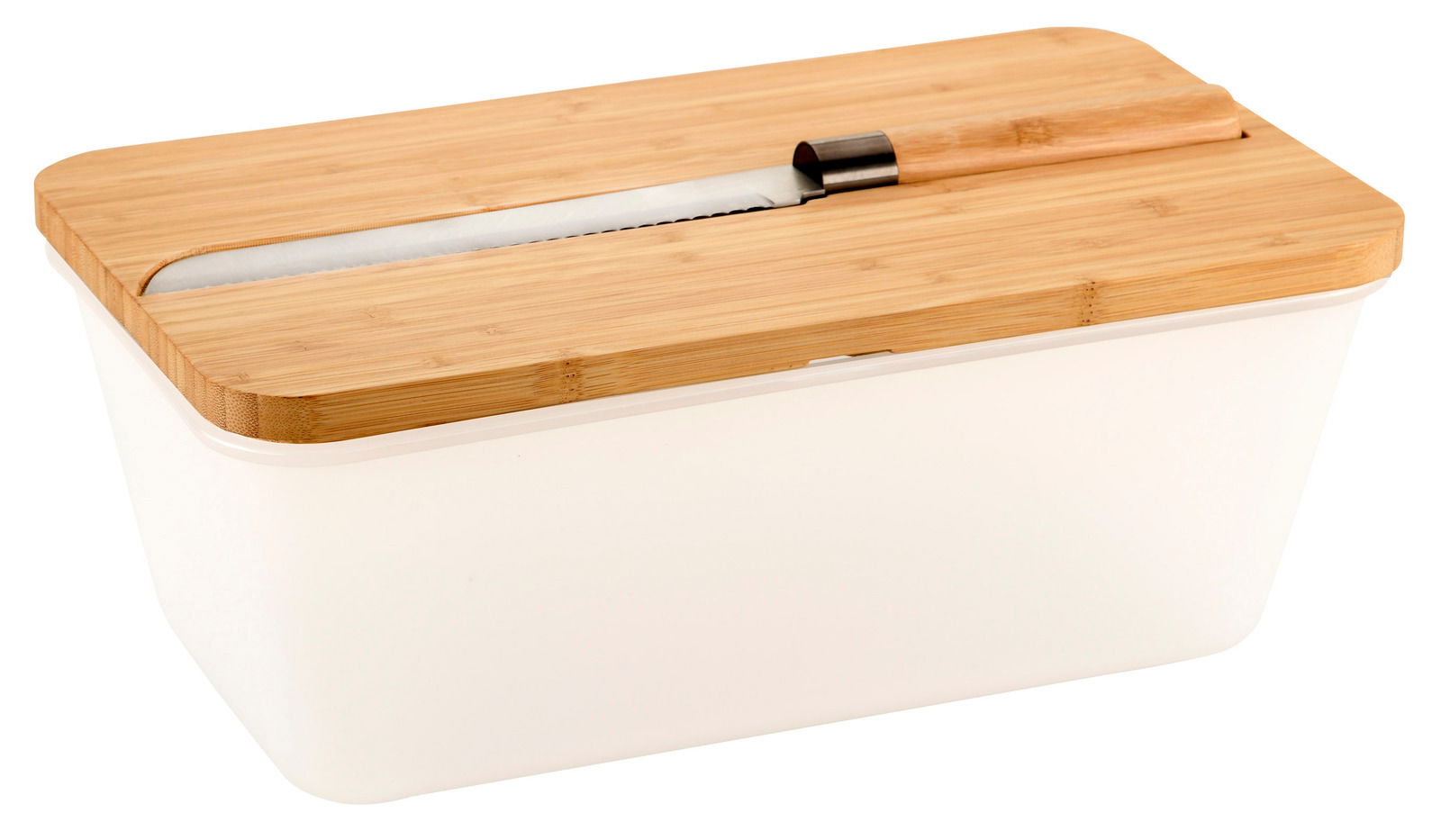 Transparente Brotbox mit Holzdeckel und integriertem Messer, seitliche Perspektive