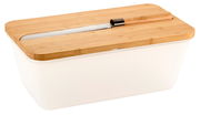 Transparente Brotbox mit Holzdeckel und integriertem Messer, seitliche Perspektive