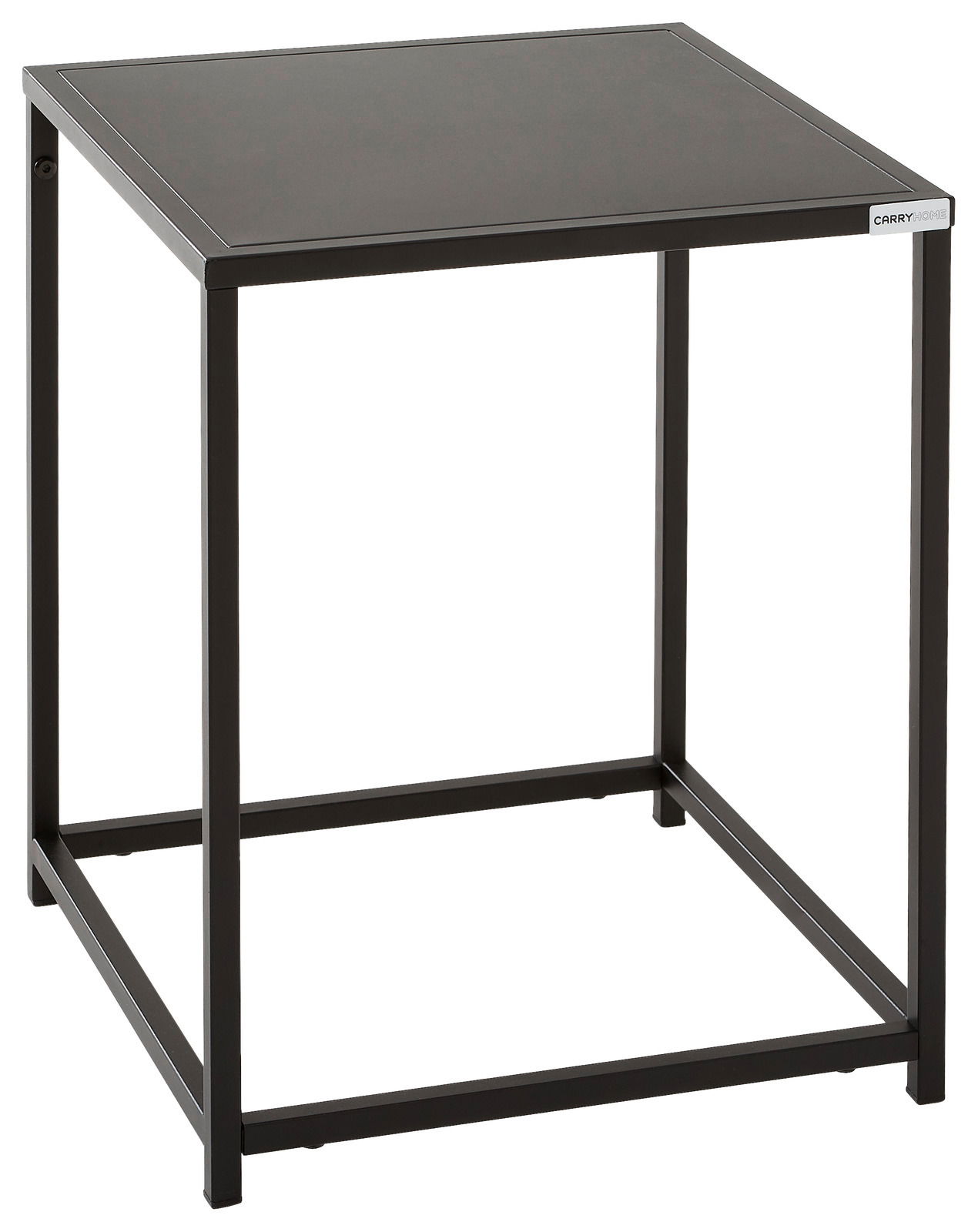 Moderner schwarzer Beistelltisch aus Metall, seitliche Perspektive