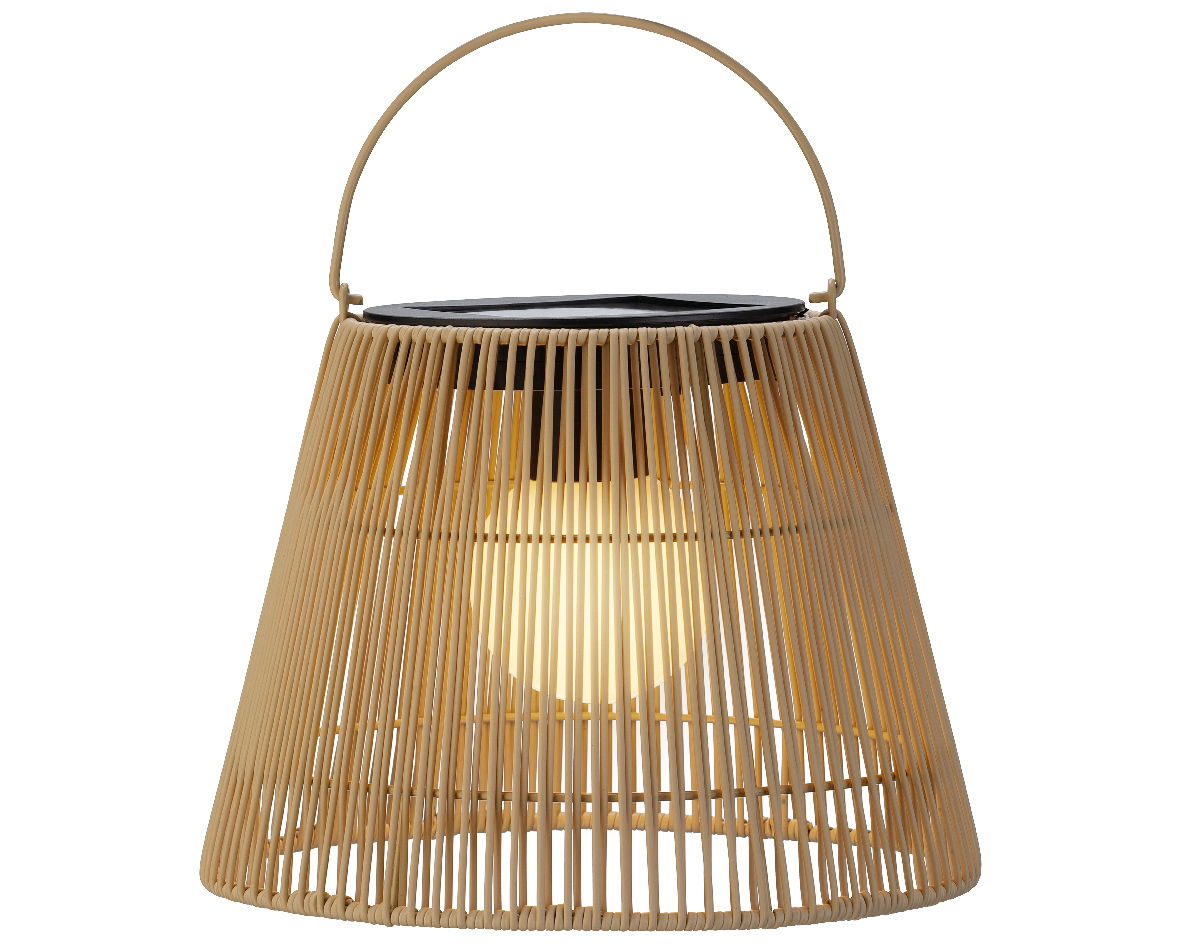 Solarbetriebene Laterne aus geflochtenem Material mit sichtbarem Leuchtmittel, seitliche Perspektive