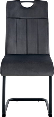 Gepolsterter Esszimmerstuhl in Dunkelgrau mit vertikaler Steppung, Grifföffnung in der Rückenlehne und schwarzem Metallgestell, Frontalansicht.