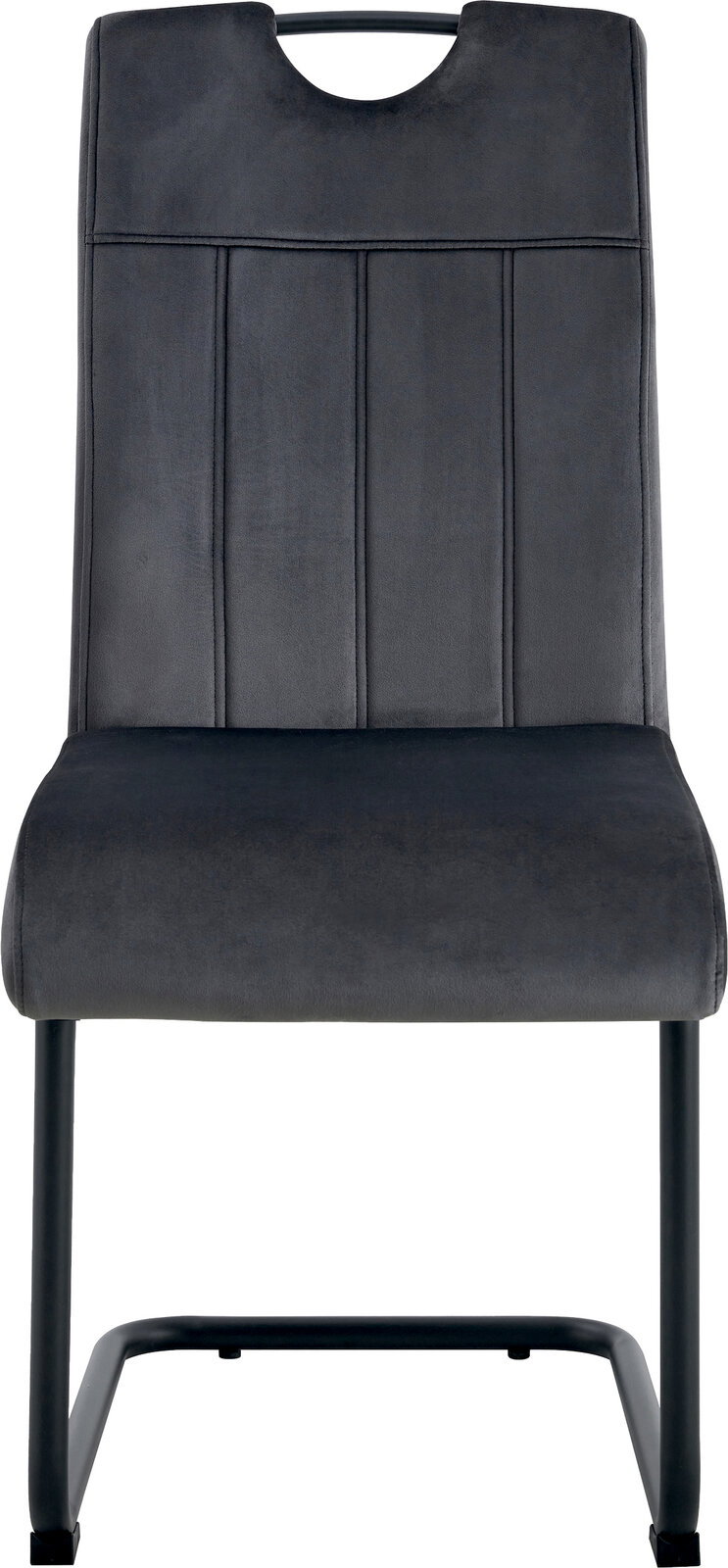 Gepolsterter Esszimmerstuhl in Dunkelgrau mit vertikaler Steppung, Grifföffnung in der Rückenlehne und schwarzem Metallgestell, Frontalansicht.