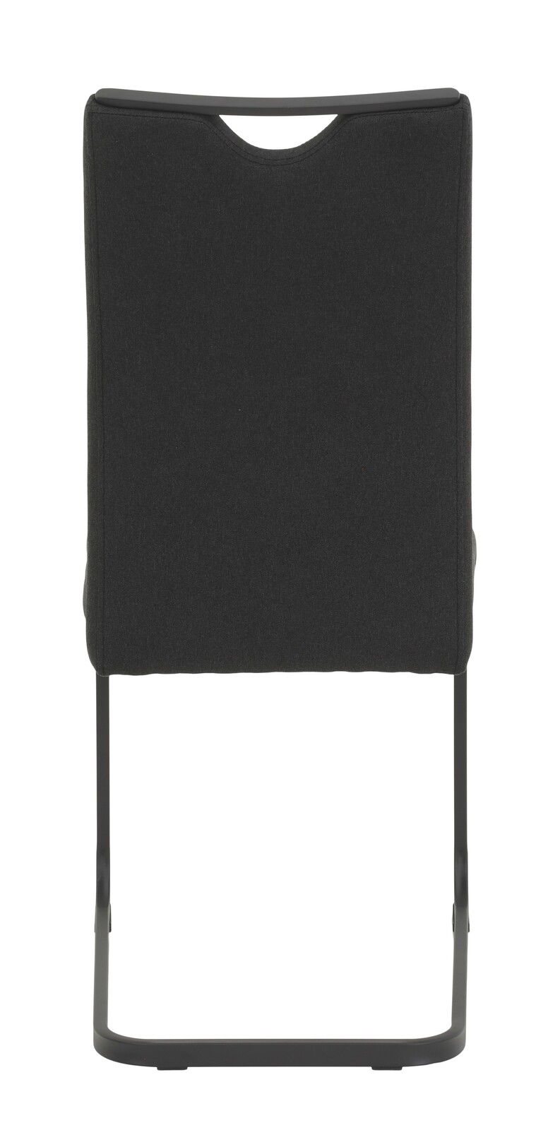 Rückansicht eines schwarzen Schwingstuhls mit Metallgestell