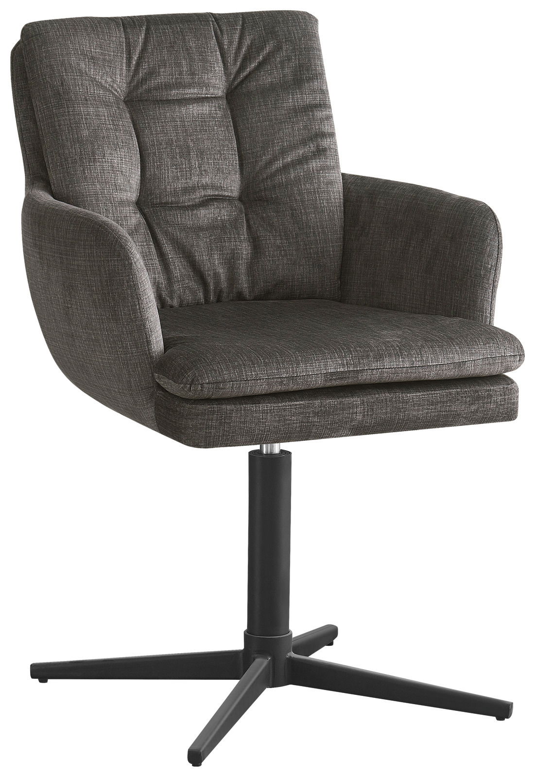 Grauer Armlehnstuhl mit gepolsterter Sitzfläche und Rückenlehne, seitliche Perspektive