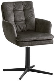 Grauer Armlehnstuhl mit gepolsterter Sitzfläche und Rückenlehne, seitliche Perspektive