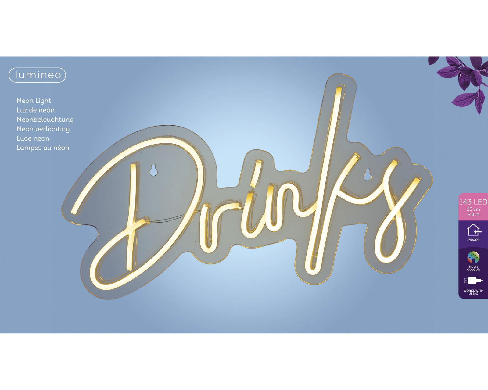 LED Neonlicht mit dem Schriftzug 'Drinks', frontal betrachtet, ideal für Innenräume, USB-betrieben.