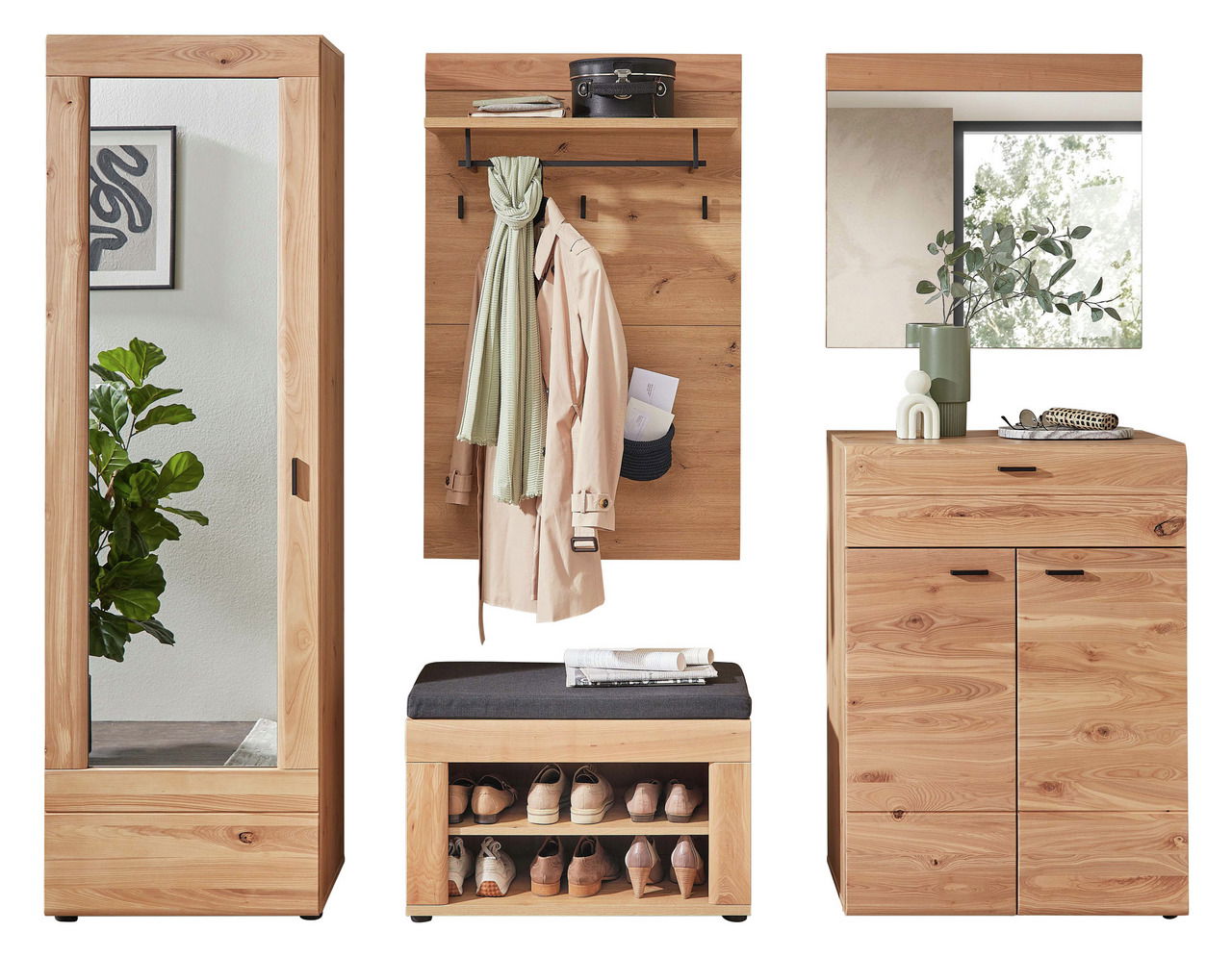 Garderobenkombination Set 80 aus Holz mit Spiegel, Kleiderhaken, Schuhbank und Kommode, frontal abgebildet.