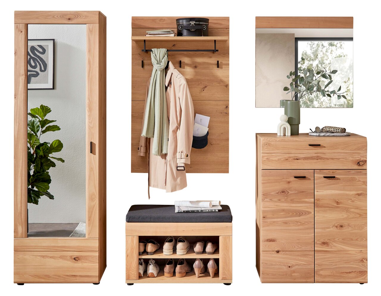 Linea Natura Garderobenkombination-Set MALAGA Garderobenkombination Set 80 aus Holz mit Spiegel, Kleiderhaken, Schuhbank und Kommode, frontal abgebildet.