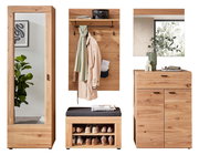 Garderobenkombination Set 80 aus Holz mit Spiegel, Kleiderhaken, Schuhbank und Kommode, frontal abgebildet.