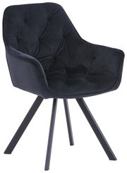 Schwarzer Armlehnstuhl mit gepolsterter Sitzfläche und Rückenlehne, auf vier Metallbeinen, seitliche Perspektive