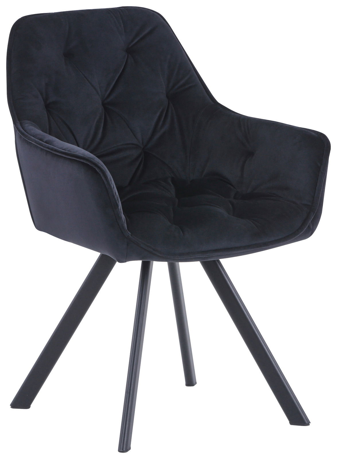 Schwarzer Armlehnstuhl mit gepolsterter Sitzfläche und Rückenlehne, auf vier Metallbeinen, seitliche Perspektive