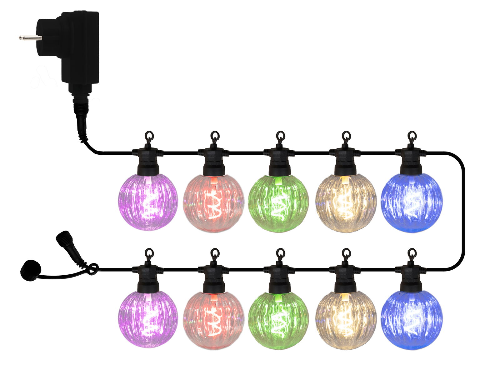Bunte Lichterkette mit 10 LED-Lampen in verschiedenen Farben, seitliche Ansicht