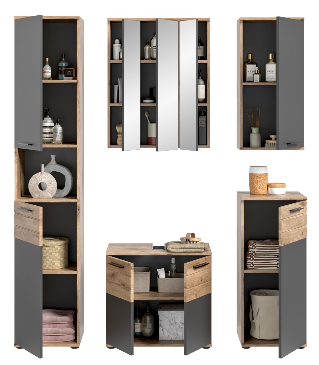 Badezimmermöbel-Set in moderner Holz- und Graufarbkombination, bestehend aus verschiedenen Schränken und Regalen, frontal abgebildet.