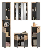 Badezimmermöbel-Set in moderner Holz- und Graufarbkombination, bestehend aus verschiedenen Schränken und Regalen, frontal abgebildet.