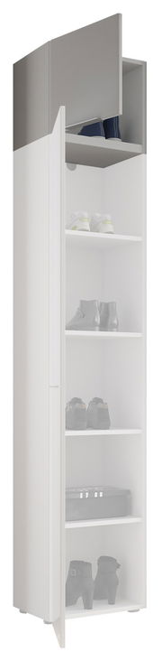 Schmaler, hoher Schuhschrank mit mehreren Regalböden, teilweise geöffnet, Perspektive von vorne.