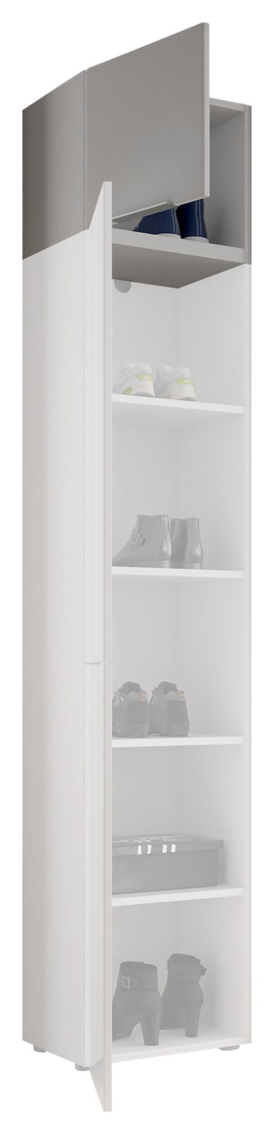 Schmaler, hoher Schuhschrank mit mehreren Regalböden, teilweise geöffnet, Perspektive von vorne.