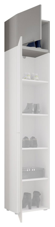 Schmaler, hoher Schuhschrank mit mehreren Regalböden, teilweise geöffnet, Perspektive von vorne.