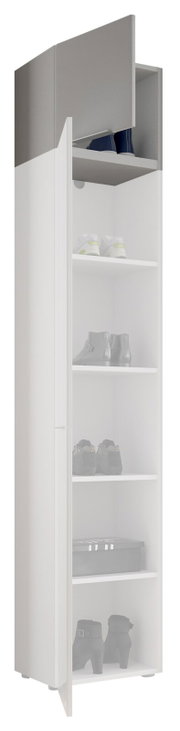 Schmaler, hoher Schuhschrank mit mehreren Regalböden, teilweise geöffnet, Perspektive von vorne.