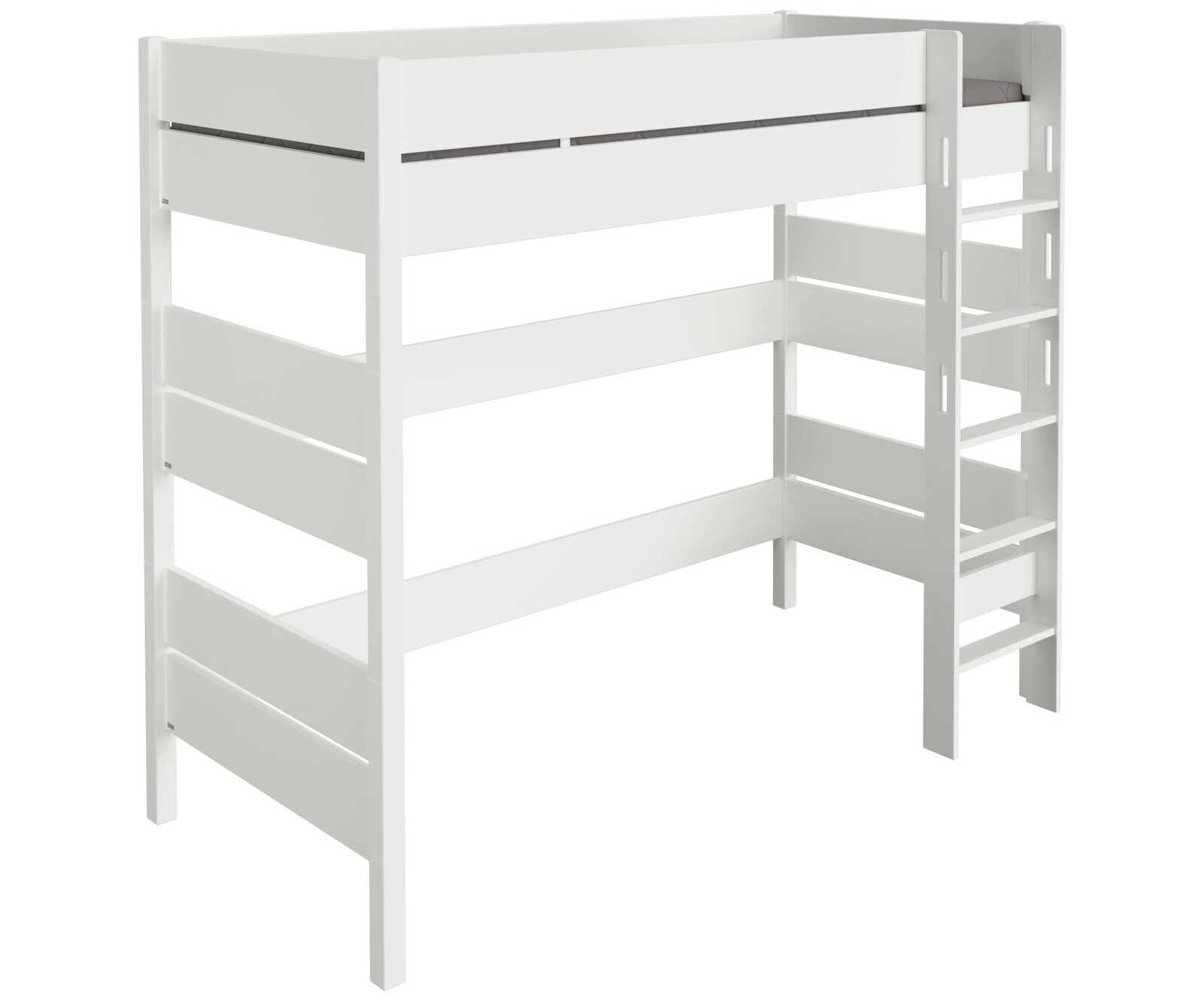 Weißes Hochbett mit integrierter Leiter, seitliche Perspektive