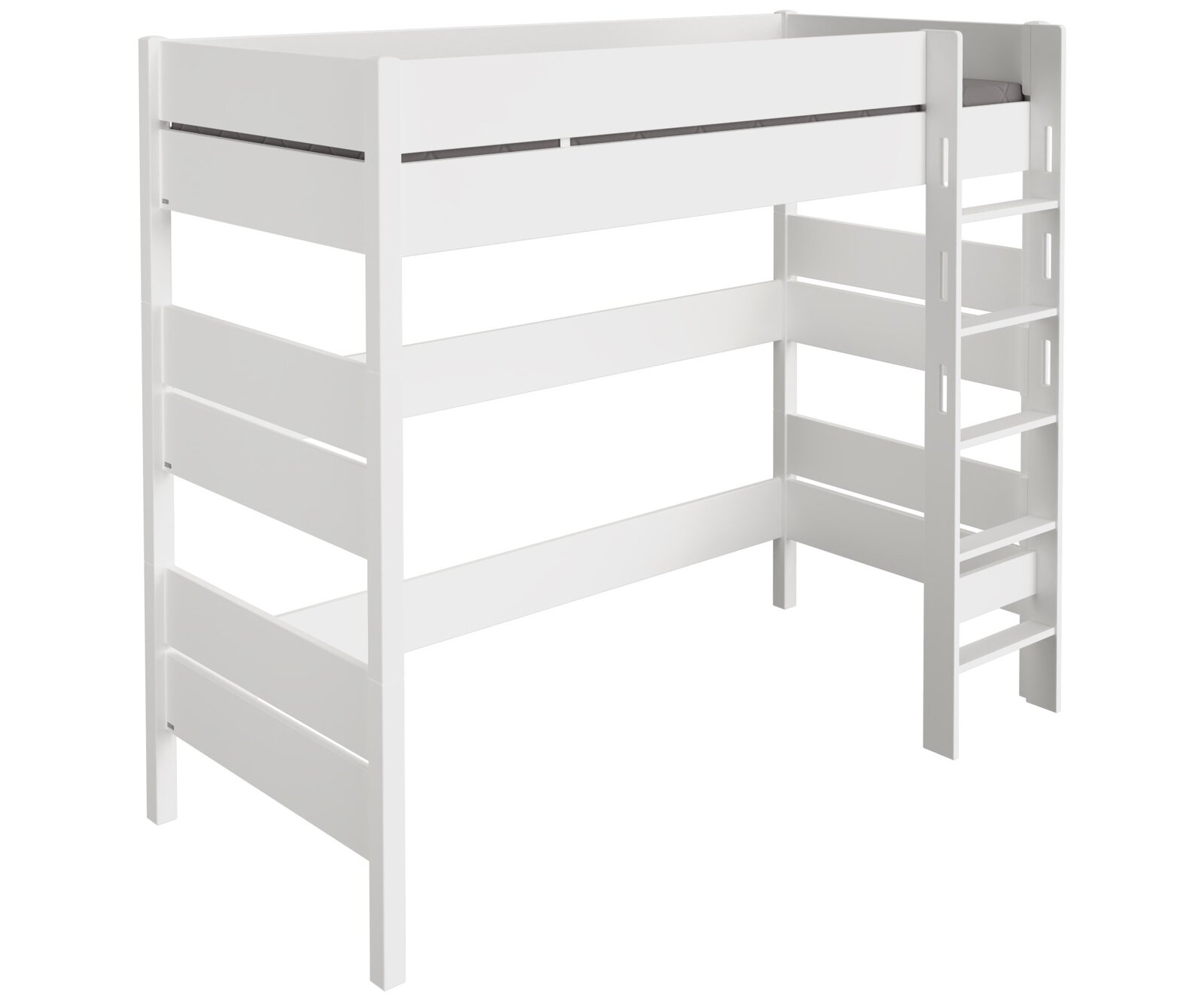Weißes Hochbett mit integrierter Leiter, seitliche Perspektive