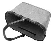 Grauer Einkaufskorb mit schwarzem Rahmen und Griff, von oben betrachtet.