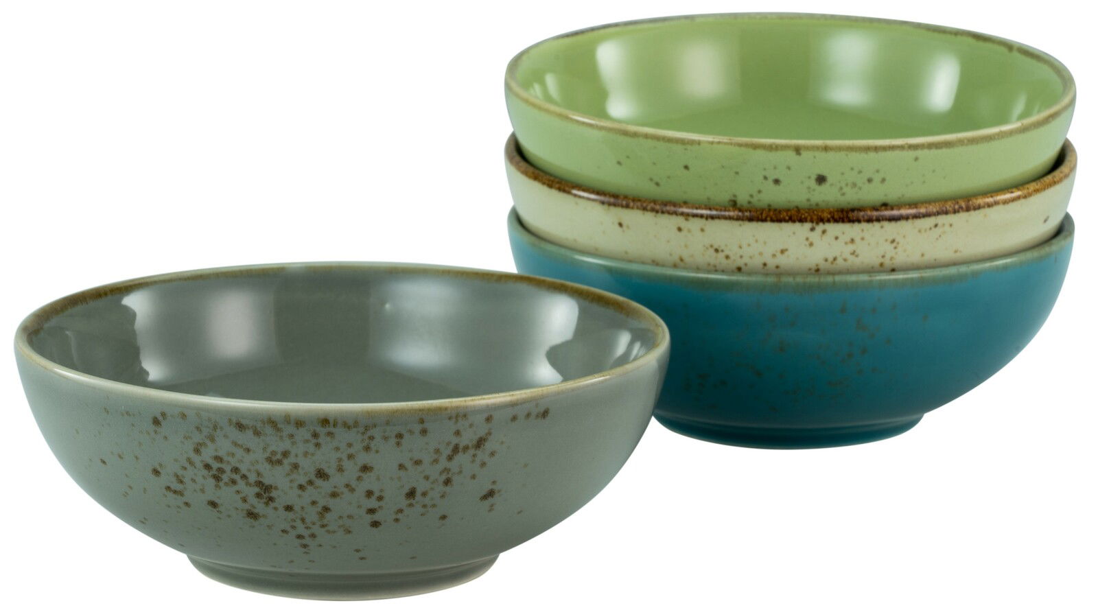 Vier bunte Smoothie-Schalen in verschiedenen Farben, gestapelt und aus seitlicher Perspektive fotografiert.