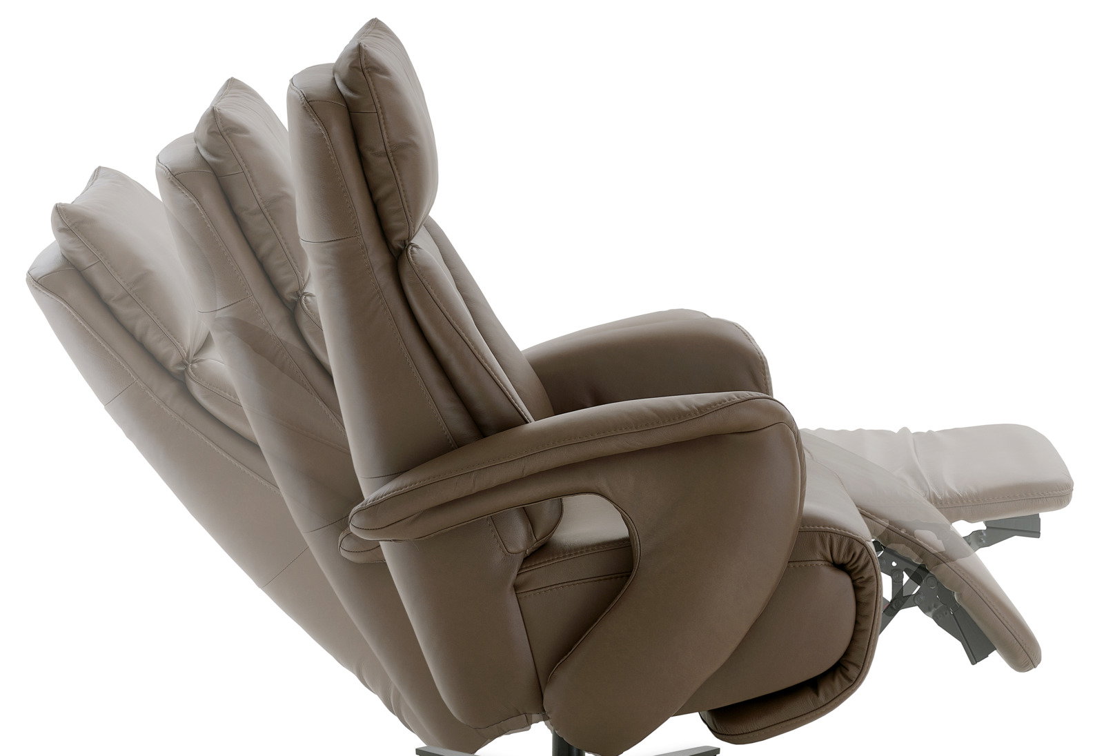 Brauner Relax-Sessel in seitlicher Perspektive, zeigt verschiedene Neigungspositionen.