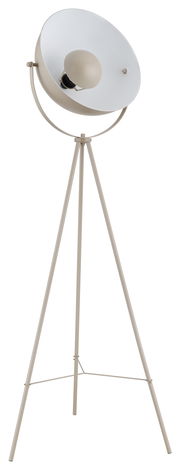 Stehleuchte mit dreibeinigem Stativ und großem, runden Lampenschirm, seitliche Perspektive
