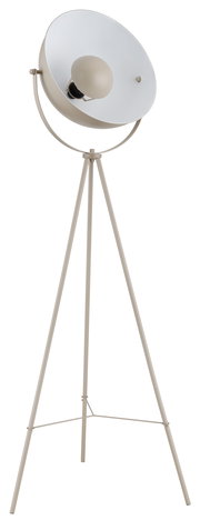 Stehleuchte mit dreibeinigem Stativ und großem, runden Lampenschirm, seitliche Perspektive