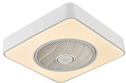 Quadratische weiße LED-Deckenleuchte mit integriertem Ventilator und warmweißem Licht, Ansicht von unten in leichter Schrägperspektive