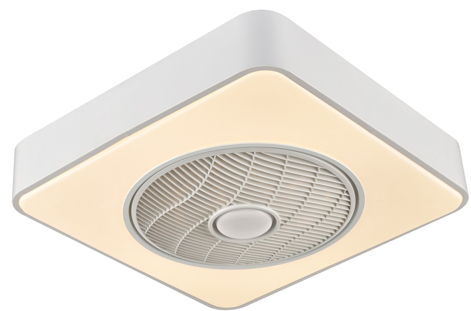 Quadratische weiße LED-Deckenleuchte mit integriertem Ventilator und warmweißem Licht, Ansicht von unten in leichter Schrägperspektive