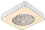 Quadratische weiße LED-Deckenleuchte mit integriertem Ventilator und warmweißem Licht, Ansicht von unten in leichter Schrägperspektive