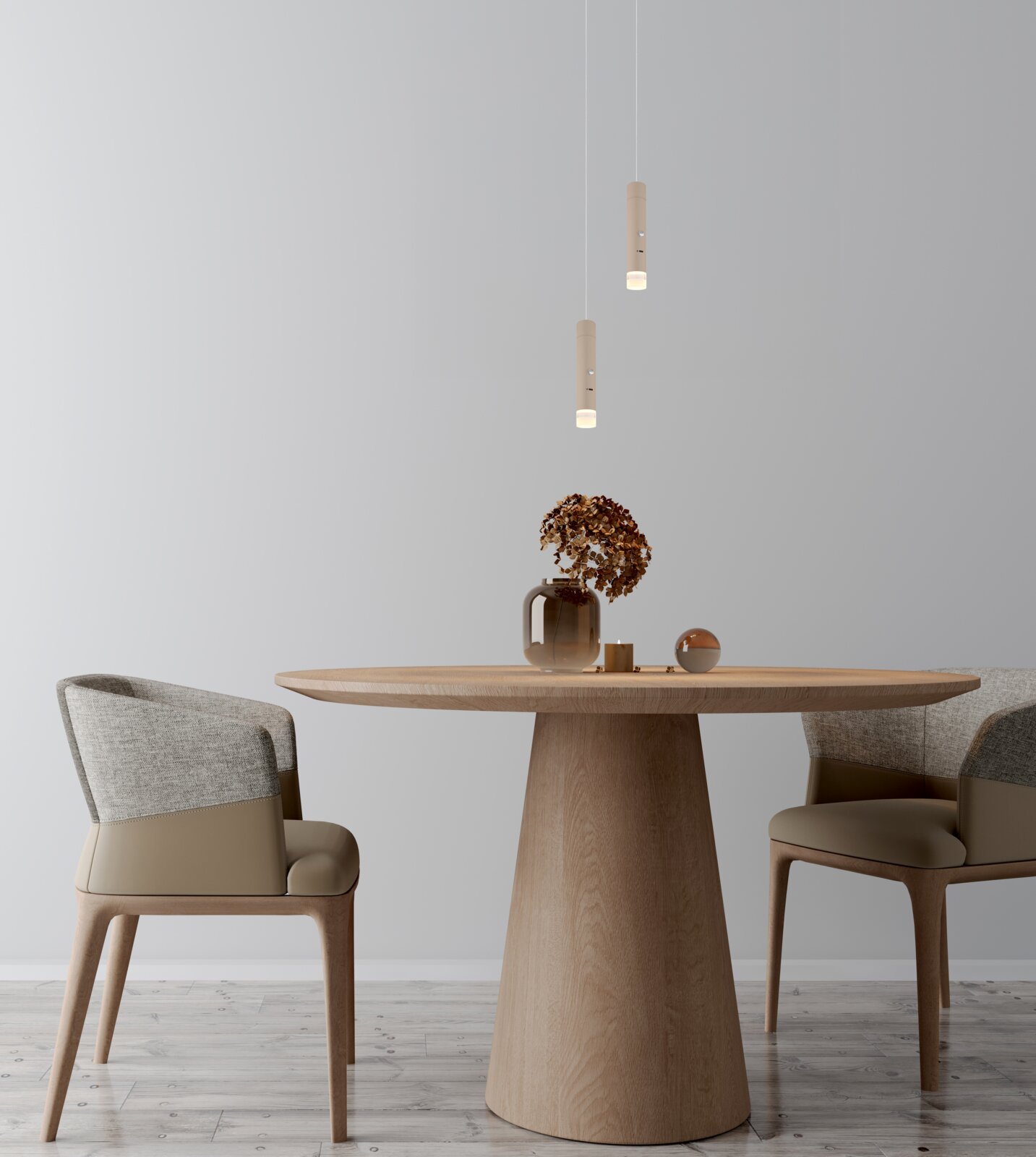 Moderne Hängeleuchte in einem eleganten Esszimmer, aus der Perspektive eines seitlichen Blicks auf den Tisch.