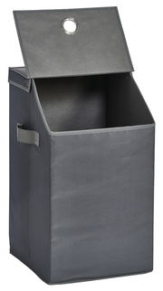Grauer Wäschesammler mit offenem Deckel, seitlicher Griff und runde Öffnung im Deckel, Frontalansicht