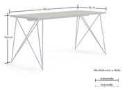 Moderner Schreibtisch mit schlanken Metallbeinen, seitliche Perspektive, Maße: 160 cm x 65 cm x 74,8 cm.