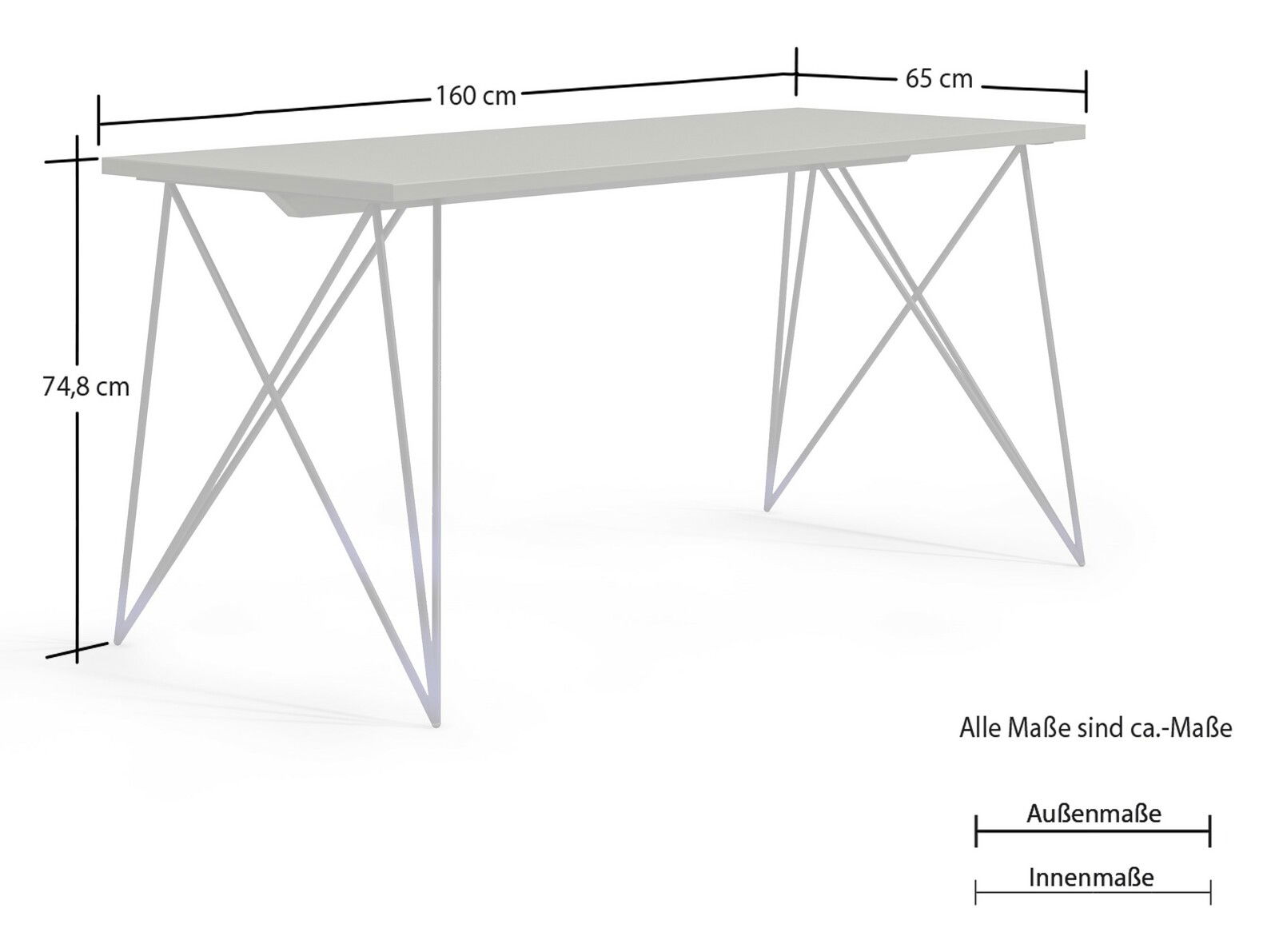 Moderner Schreibtisch mit schlanken Metallbeinen, seitliche Perspektive, Maße: 160 cm x 65 cm x 74,8 cm.