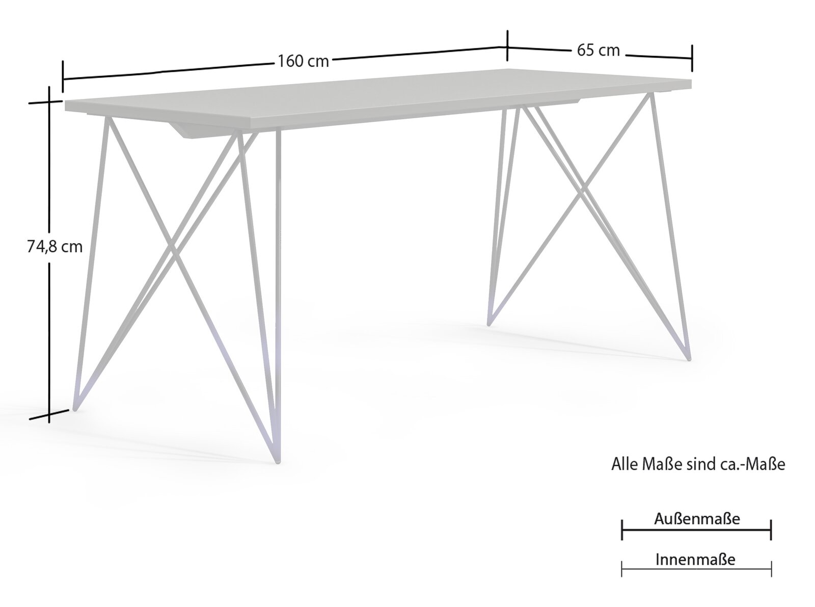 Moderner Schreibtisch mit schlanken Metallbeinen, seitliche Perspektive, Maße: 160 cm x 65 cm x 74,8 cm.