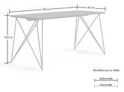 Moderner Schreibtisch mit schlanken Metallbeinen, seitliche Perspektive, Maße: 160 cm x 65 cm x 74,8 cm.
