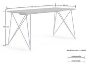 Moderner Schreibtisch mit schlanken Metallbeinen, seitliche Perspektive, Maße: 160 cm x 65 cm x 74,8 cm.