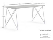Moderner Schreibtisch mit schlanken Metallbeinen, seitliche Perspektive, Maße: 160 cm x 65 cm x 74,8 cm.