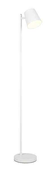 Weiße Akku-Stehleuchte mit rundem Sockel und schrägem Lampenschirm, seitliche Ansicht.