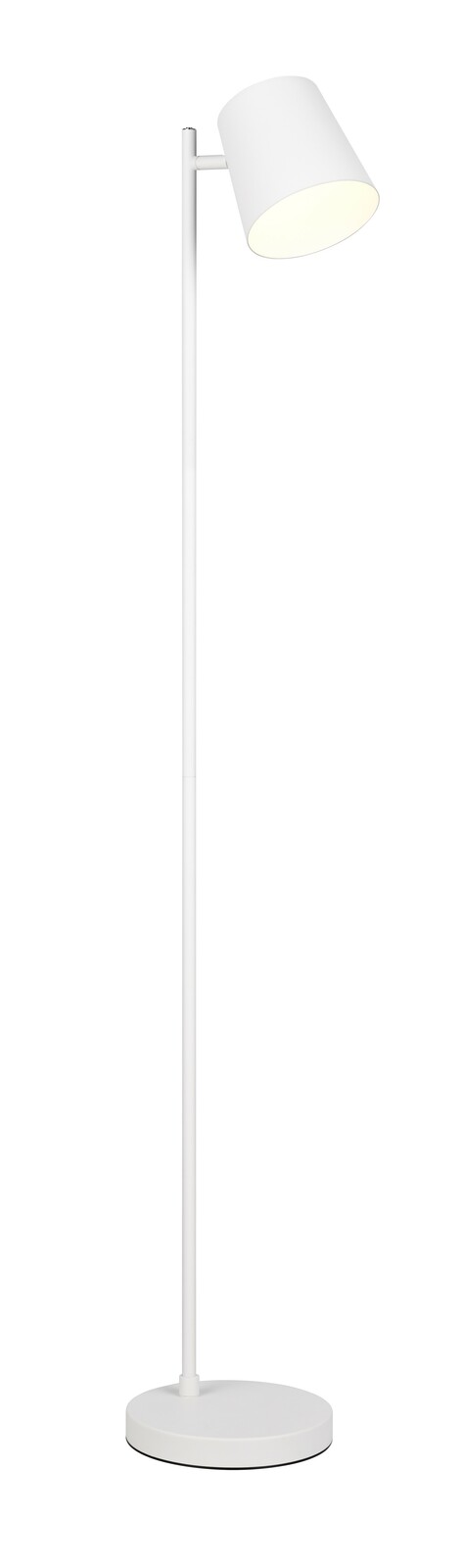 Weiße Akku-Stehleuchte mit rundem Sockel und schrägem Lampenschirm, seitliche Ansicht.