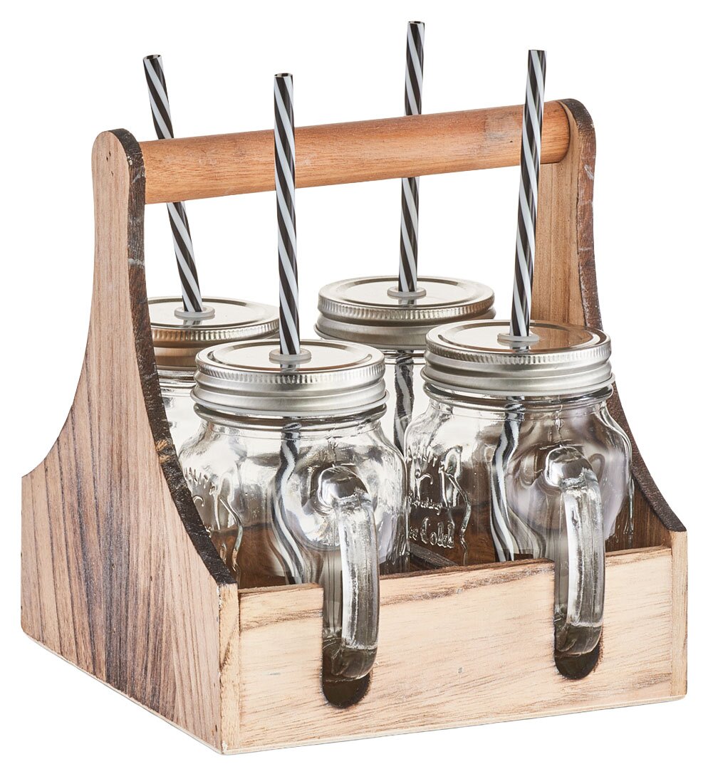 Zeller Present Trinkgläser-Set, 5-tlg. Trinkgläser-Set mit vier Gläsern in einem Holzträger, jedes Glas mit Deckel und gestreiftem Strohhalm, seitliche Perspektive