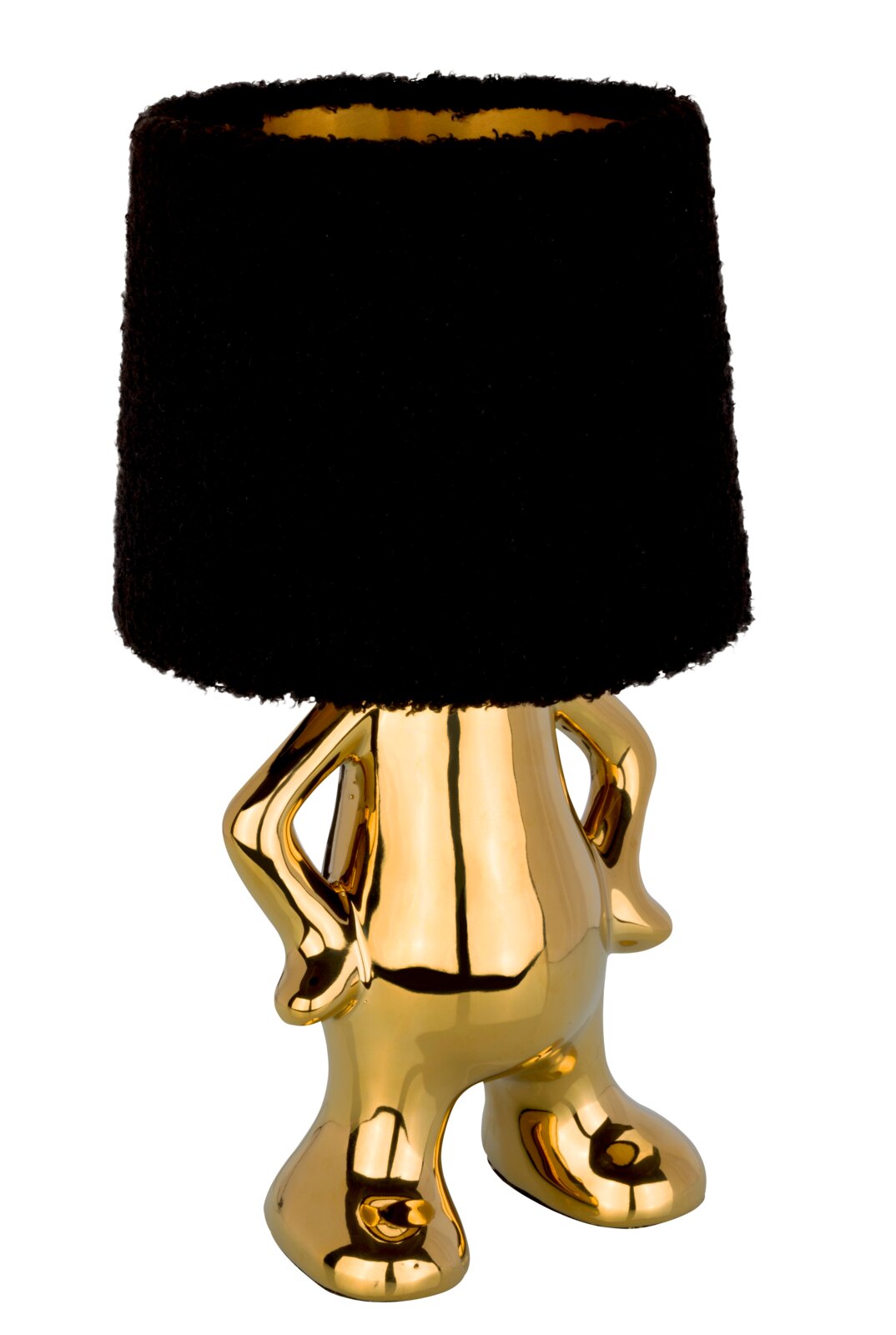 Goldene Tischleuchte mit schwarzem Lampenschirm in Form einer stilisierten Figur, frontal betrachtet.