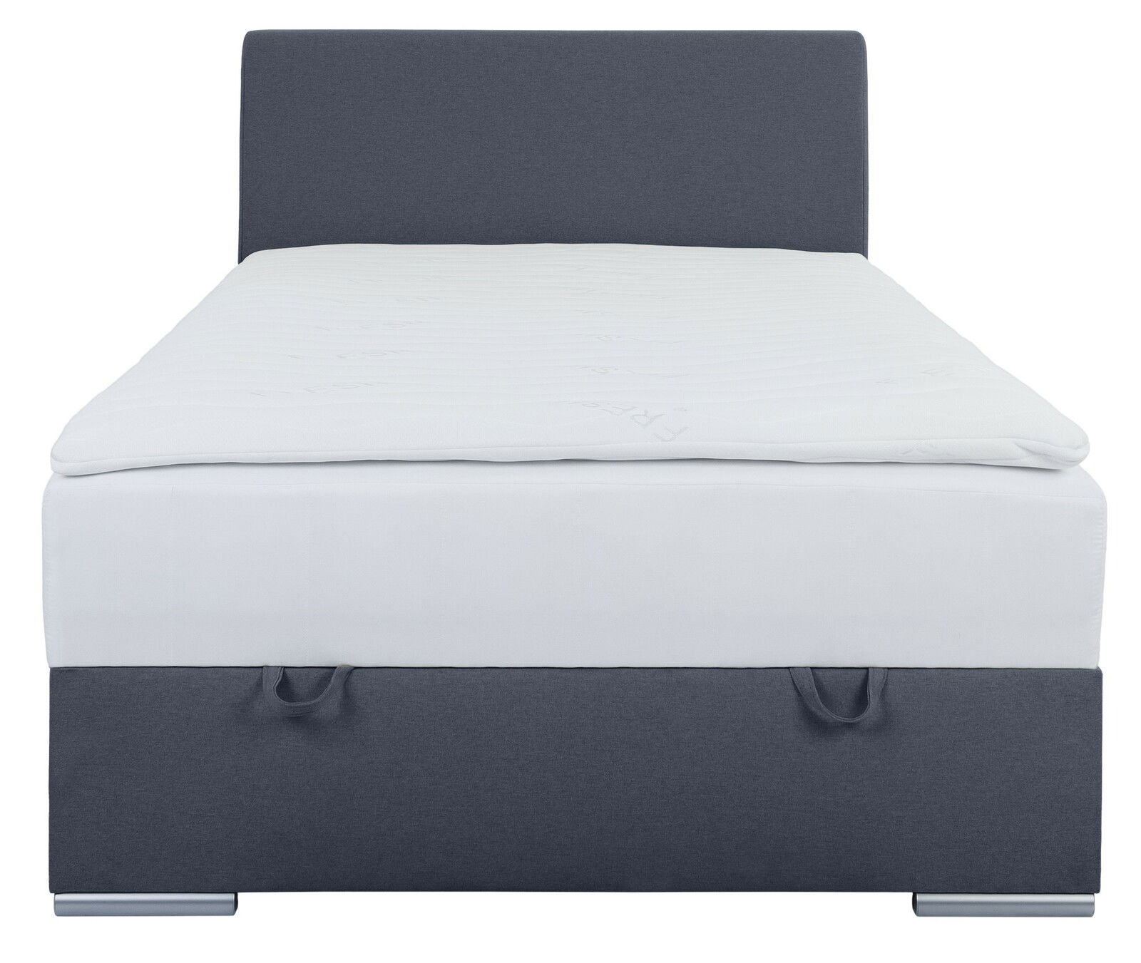 Frontansicht eines Boxbetts 120 mit grauem Kopfteil und weißer Matratze.