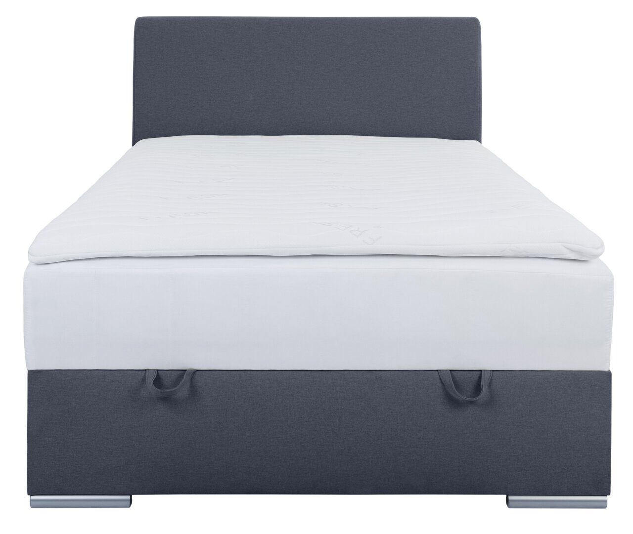 Frontansicht eines Boxbetts 120 mit grauem Kopfteil und weißer Matratze.