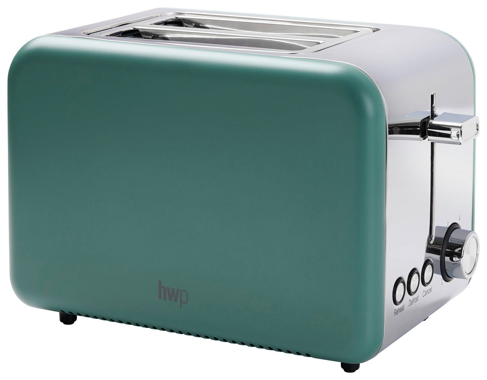 Grüner Toaster mit zwei Schlitzen, seitlicher Ansicht, mit Bedienelementen für Aufwärmen, Auftauen und Abbrechen.